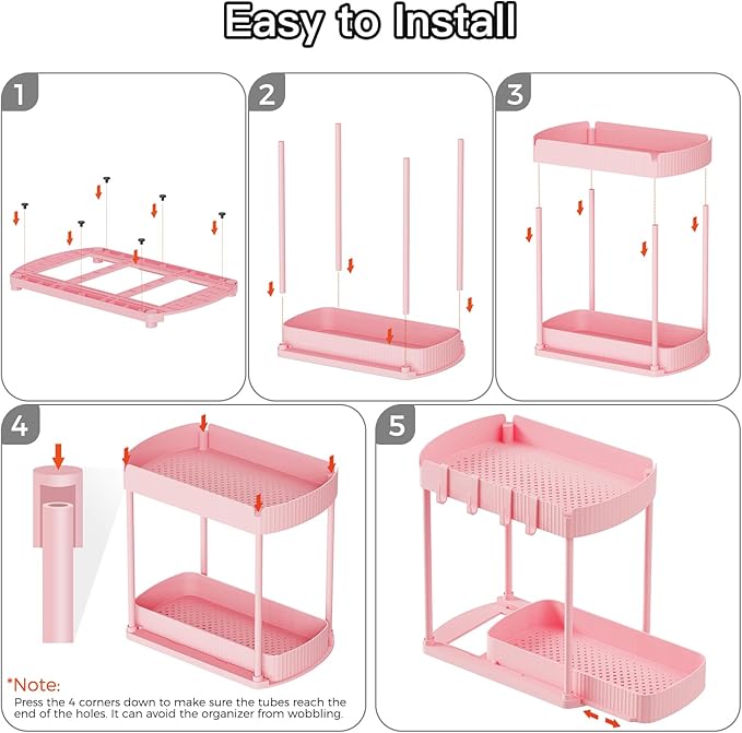 2 Pack Multi-Purpose Pull-Out Storage Organizers, Under Sink Organizers and Storage for Bathroom & Kitchen, Under Cabinet Organizers and storage, 14.8 Inch, Pink