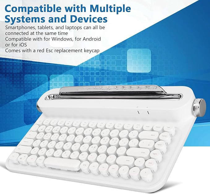 OPPWONG Vintage Bluetooth Keyboard 86 Keys Portable Wireless Keyboard with Red Esc Replacement Keycap Integrated Stand Recess Design for Smartphones, Tablets, Laptops (White)
