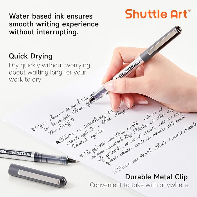 Shuttle Art RollerBall Pens, 50 Pack Black Fine Point Roller Ball Pens, 0.5mm Liquid Ink Pens for Writing Journaling Taking Notes School Office