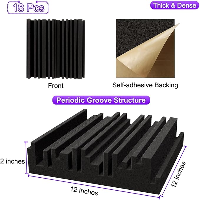TroyStudio Self-adhesive Acoustic Foam Panels, 12 X 12 X 2 Inches 18 Pcs Broadband Sound Absorbing Foam, Dense Soundproof Padding Tile, Recording Studio Foam Absorber, Groove Decorative Wall Panel