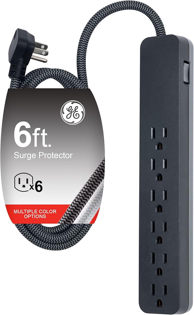 GE UltraPro 6 Outlet Surge Protector, 6 Ft Designer Braided Extension Cord, Flat Plug, Long Power Cord, Wall Mount, Black, 45271