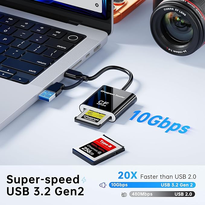 CFExpress Type B Card Reader with USB 3.2 (Gen 2) 10Gbps, USB-C & USB-A 2-in-1 Type B CFexpress Adapter, CF Express Type B Card Reader Compatible with Windows/Mac/Linux/Android(Not for XQD Card)