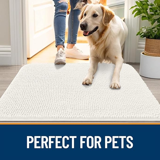 OLANLY Dog Door Mat for Muddy Paws 30x17, Absorbs Moisture and Dirt, Absorbent Non-Slip Washable Doormat, Quick Dry Chenille Mud Mat for Dogs, Entry Indoor Entryway Carpet for Inside Floor, Ivory