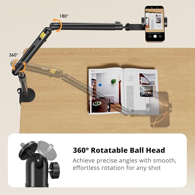 Overhead Camera Mount, Adjustable Desk Mount with Flexible Aluminum Spring Arm, 360° Ball Head, 1/4" 3/8" Screw & Phone Clamp for DSLR Cameras, Light, Heavy Microphones, and Smartphones