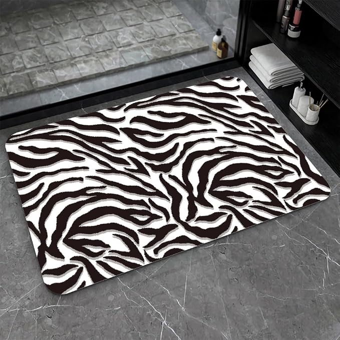 Diatomaceous Earth Bath Mat,Black and White Zebra Print Non-Slip Volume Super Absorbent Fast Drying for Bathroom Kitchen Door mat,Eco-Friendly Easy to Clean 17×27.5Inch (43 * 70cm)