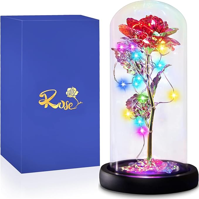 Eternal Rose Preserved Flower Birthday Gifts - Women Gifts for Her Anniversary Valentines Mothers Day Christmas Thanksgiving - Light Up Red Rose Glass Flower Gifts for Mom Wife Grandma Girlfriend Lady