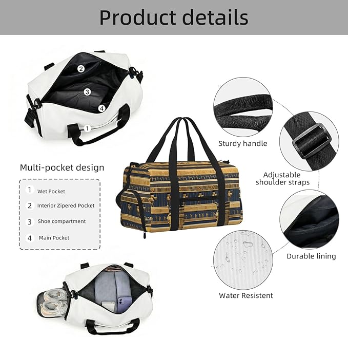 Egyptian Pharaonic Frescoes Print Gym Bag with Shoe Compartment for Women Men, 17.7in Sports Duffle Weekender Tote, Overnight Travel Duffel Bag Carry On