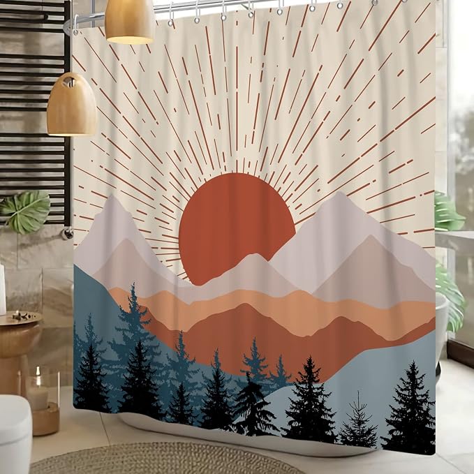 Abstract Mid Century Shower Curtain Boho Sunset Geometric Mountain Forest Aesthetic Shower Curtain Bohemian Minimalist Bathroom Decor Curtains Waterproof Fabric with Hooks 60x72 inch