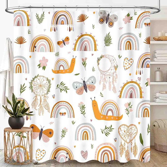 Rainbow Shower Curtain for Bathroom, Kids Girls Baby Cute Lovely Retro Vintage Boho Rainbow Pastel Aesthetic Bohemian Waterproof Fabric Shower Curtain Set with Hooks, 72"x78" Inch