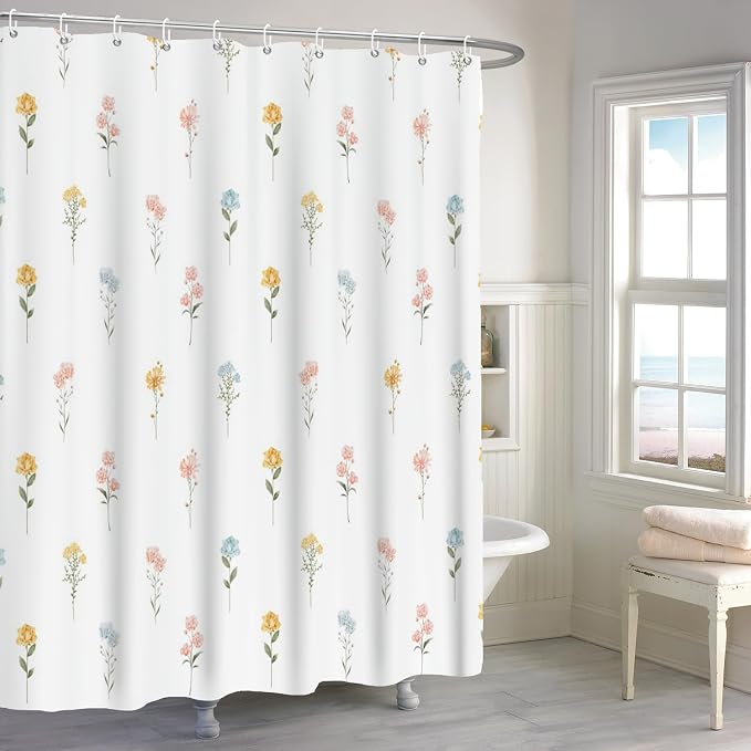 Floral Extra Long Shower Curtain, Wildflower Botanical Plant Leaves Cute Flower Spring Herbs Elegant Waterproof Fabric Machine Washable for Bathroom Bathtub Decor with Hooks 72Wx78H