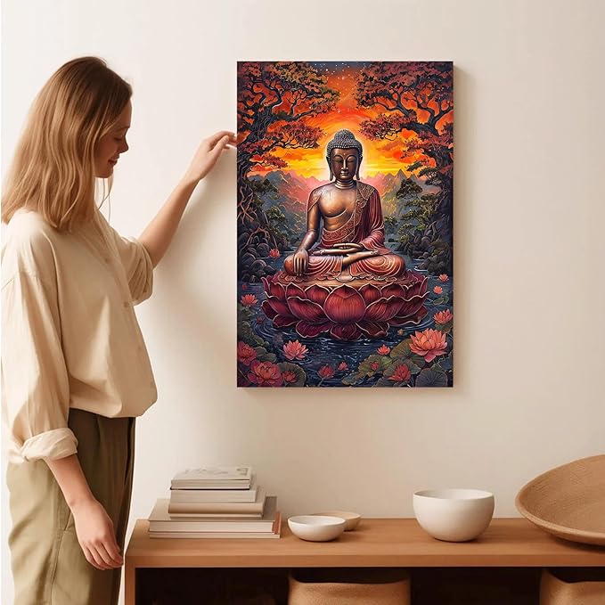 Golden Buddha on lotus seat serene meditation statue amidst lush trees flowing water and sunrise light spiritual home art for a tranquil decor 24x36in Frameless