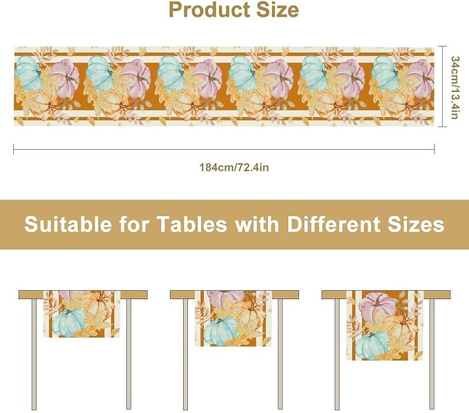 Watercolor Pumpkin Table Runner Rustic Farmhouse Autumn Plants Colorful Leaves Pastoral Harvest Theme Home Decor for Farmhouse Indoor Outdoor Party Holiday Dining Kitchen Restaurant Cafe W13xL108in