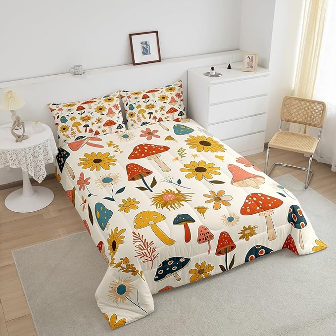 Castle Fairy Retro Mushroom Flowers Bedding Set King Size,70s 60s Groovy Comforter Set Room Decor for Couple,Vintage Boho Plant Floral Microfiber Down Comforter,2 Pillowcases