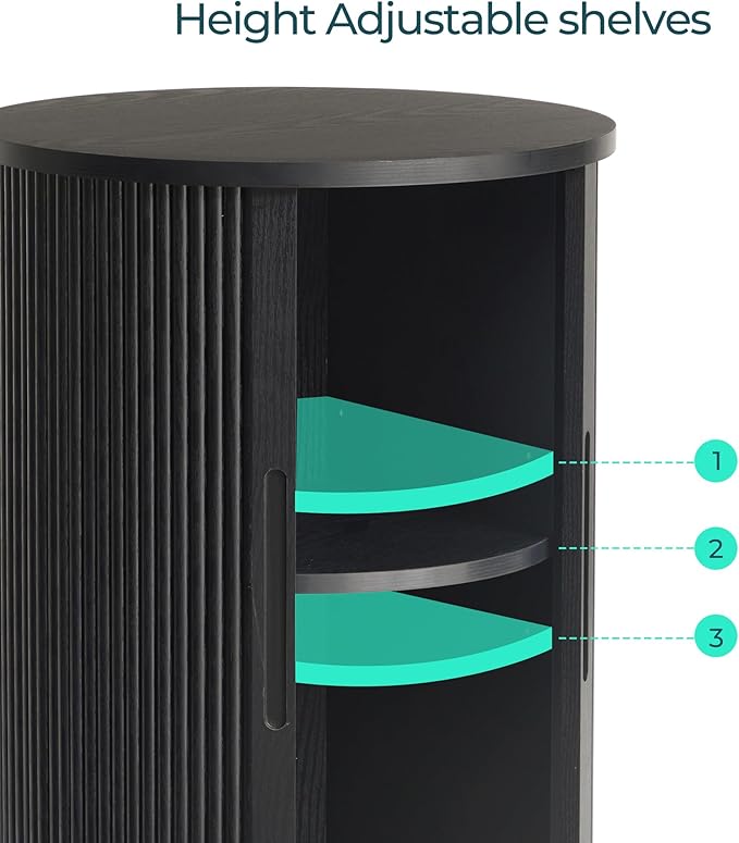 LINSY HOME Round Fluted End Table, Tall Side Table with Sliding Tambour Door and Storage Shelf, Mid Century Modern Nightstand for Living Room, Bedroom, Black
