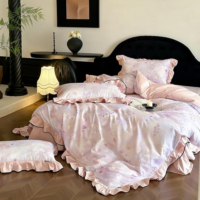 HighBuy Pink Ruffle Duvet Cover Set King Chic Brushed Cotton Floral Bedding Set,Vintage Ruffled Super Soft Comforter Cover,Comfortable Chic Lightweight - 1 Duvet Cover with 2 Pillowcase