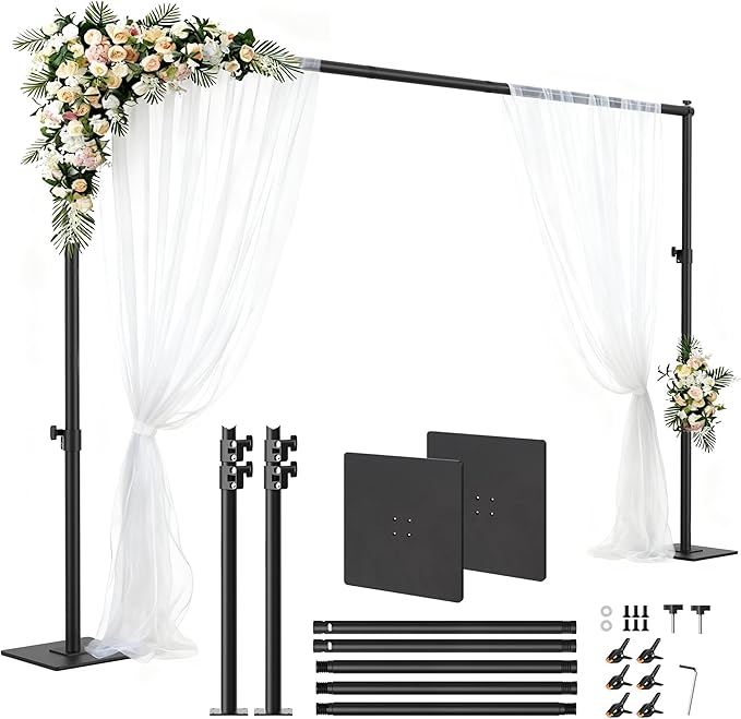 Backdrop Stand 6.5x10 ft Adjustable Photo Backdrop Stand Kit, Heavy Duty Pipe and Drape Photography Background Support with Flat Metal Base for Wedding, Party, Video Studio, Birthday, Black