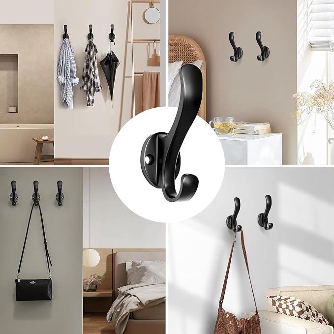 Coat Hooks Heavy Duty - Easy to Install Metal Towel Hooks Screw-in Wall Hooks for Hanging Hat, Towel, Key, Robe, Scarf, Bag, Cap (10 PCS Black)