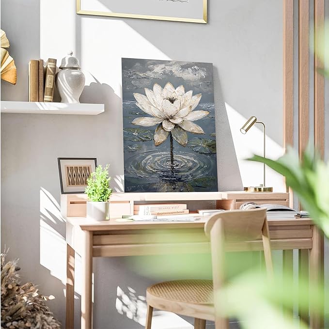 Stunning white lotus emerges from prismatic water with delicate petals background Serene aquatic wall art suitable for modern minimalist decor 16x24in Frameless
