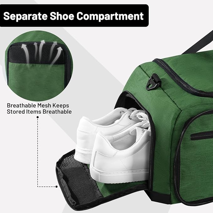 MIER Foldable Duffle Bag with Shoe Compartment 50L Travel Duffel Bags for Men Women Packable Overnight Bag for Camping Gym Weekender, Dark Green