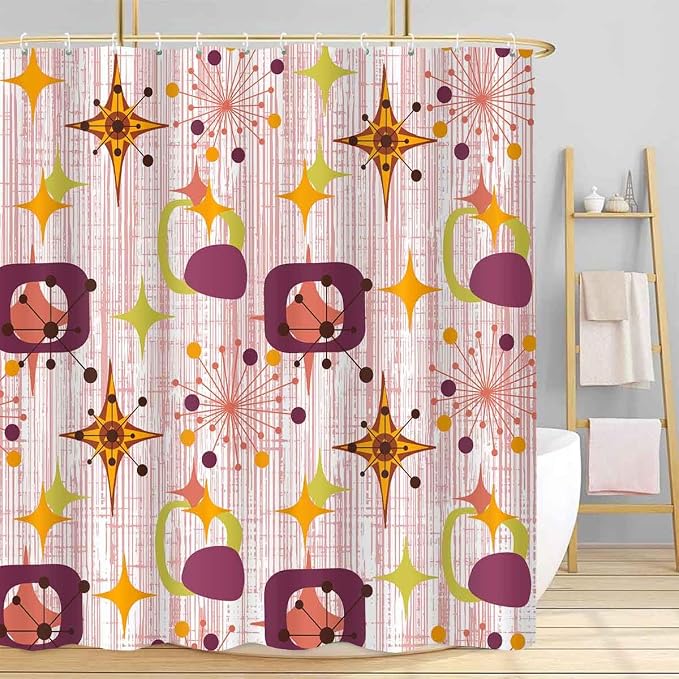 Mid Century Shower Curtain, 72x72inch, Modern Abstract Retro Red Striped Geometric Shower Curtain Sets 1950s Boho Bathroom Shower Curtain with 12 Hooks