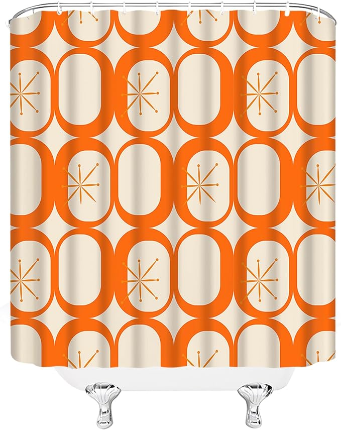 Mid Century Modern Shower Curtain Abstract Atomic Geometric Round Squares Retro 50s Orange Fabric Curtain with Hooks for Bathroom Decor,70x70 Inch