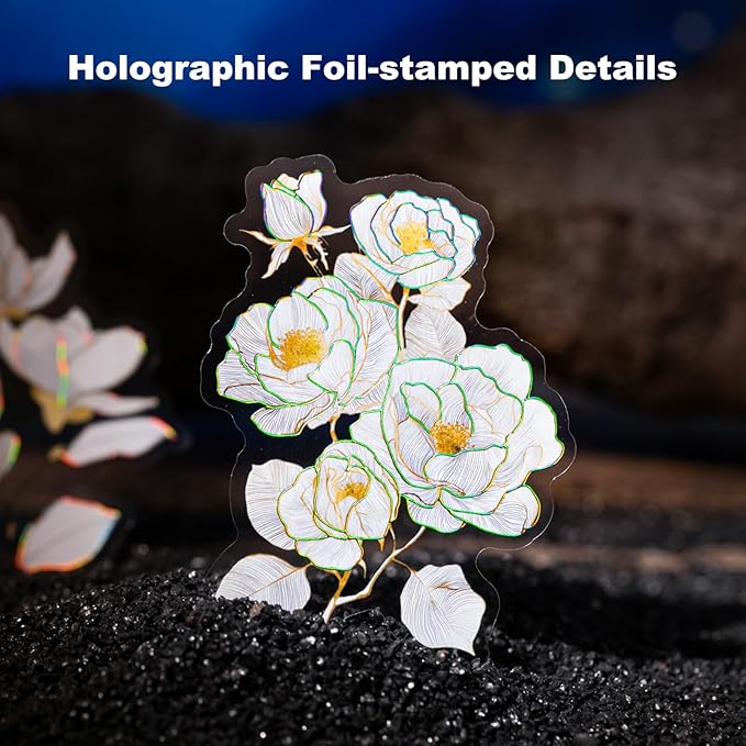AuriicLeaf Floral PET Stickers – 60 Foil-Stamped Self-Adhesive Flower Designs Waterproof Transparent Stickers for Scrapbooking Journaling DIY Crafts and Decoration