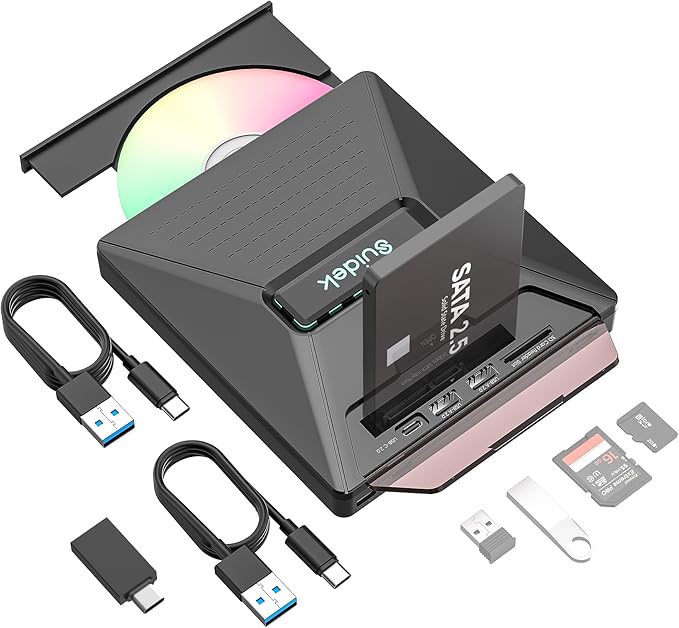 CD DVD Drive External, Portable CD DVD Driver +/-RW Burner with 2.5" SATA,SD Card Reader and USB A Type C 2.0 Hub Compatible with Laptop PC