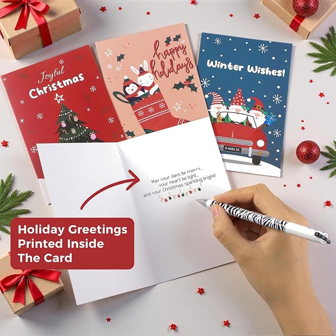 Thboxes 40 Pack Christmas Cards with Envelopes, 4x6 Inch Merry Christmas Cards, Funny Holiday Card with Envelopes & Stickers, 10 Assorted Designs Greeting Card for Xmas