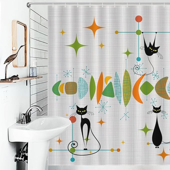 Mid Century Modern Shower Curtain, Retro Geometric Atomic Abstract Black Cat Pattern Middle Century 1950s 1960s Colorful Waterproof Fabric Bathroom Shower Curtain Set with Hooks, 72"x72" Inch