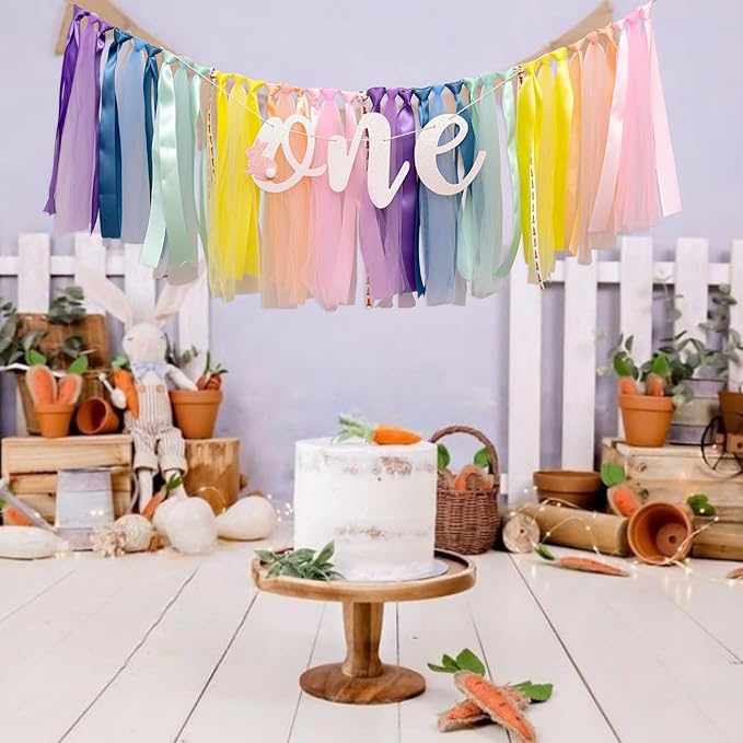 Bunny One Highchair Banner - Rabbit First Birthday Decor, Easter 1st Birthday High Chair Banner for Party, Anniversary, Cake Smash, Photo Prop