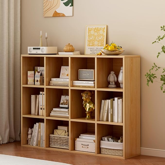 12-Cube Storage Shelf Bookcase - Wooden 3-Tier Floor Standing Open Bookshelf for Home and Office, Display Cabinet, Oak