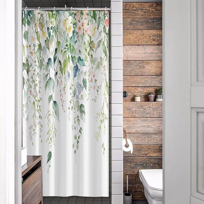 Sage Green Eucalyptus Shower Curtain Watercolor Botanical Floral Leaves Shower Curtain Set Spring Nature Bathroom Decor with 6 Hooks,36x72 Inches