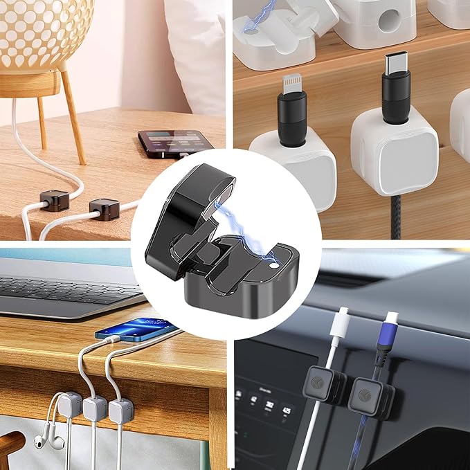 IFNOW 6 Pack Magnetic Cable Clips for Nightstand Black Self Adhesive Cord Holder Adjustable Clip for Desk, Nightstand, Phone Charger, Computer, Home, Office, Car