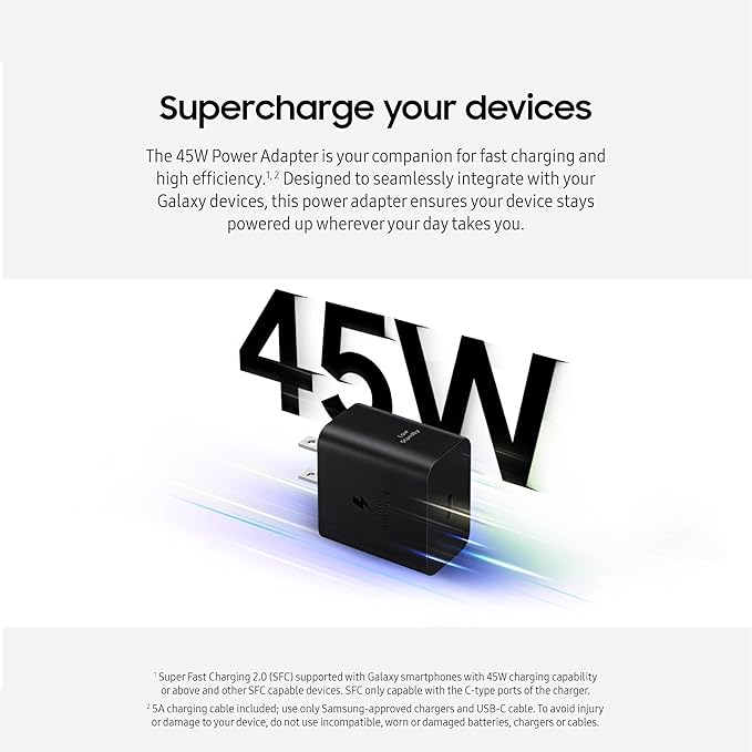 Samsung 45W Wall Charger Power Adapter with Cable Included, Super Fast Charging for Galaxy Phones, Tablets and USB Type C Devices, Low Standby Power Consumption, EP-T4511XWEGUS, White