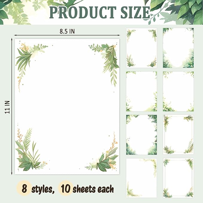 Tlenpo Greenery Theme Stationery Letter, 8.5 x 11 Inches, 80 Double-Sided, Pretty Printer Paper, Decorative Paper for Wedding, DIY Drawing, Thank Greeting Stationery Supplies, 100 gsm, 8.5 x 11 Inches