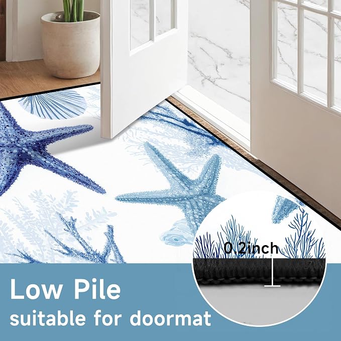 Coastal Starfish Rug 2'x3' Blue Ocean Area Rug Coral Seashell Floor Mat Washable Low Pile Carpet for Entryway Bedroom Living Room Kitchen Home Decor