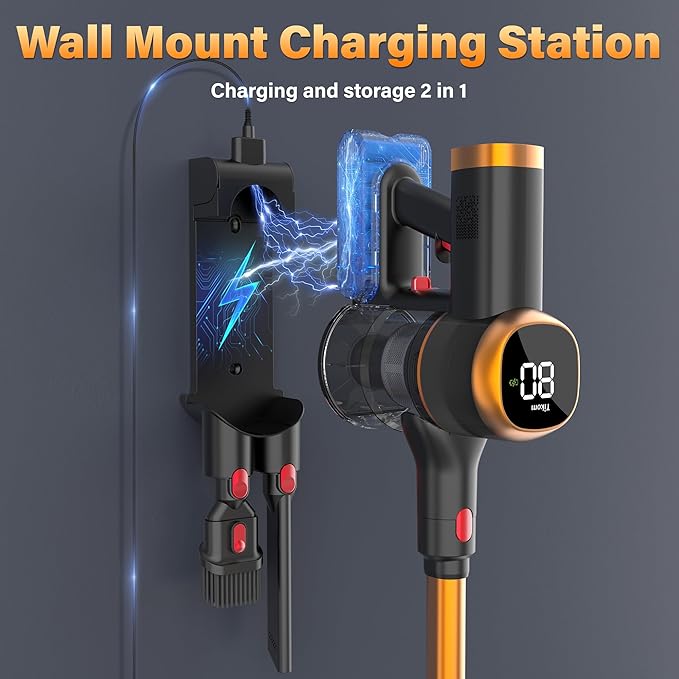 Tikom V500 Cordless Vacuum Cleaner for Home, 40000Pa/450W Stick Vacuum with LED Touch Screen, Charging Wall Dock, Anti-Tangle, Lightweight Handheld Vacuum for Pet Hair, Hard Floor, Carpet