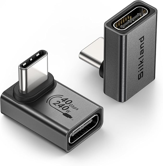 Silkland USB C 90 Degree Right Angle Adapter 2 Pack, [8K 60Hz, 240W 40Gbps] Male to Female Adapter Extender Compatible Thunderbolt 4 for Steam Deck, ROG Ally, MacBook, Switch 2, iPhone 17/16, Quest 3