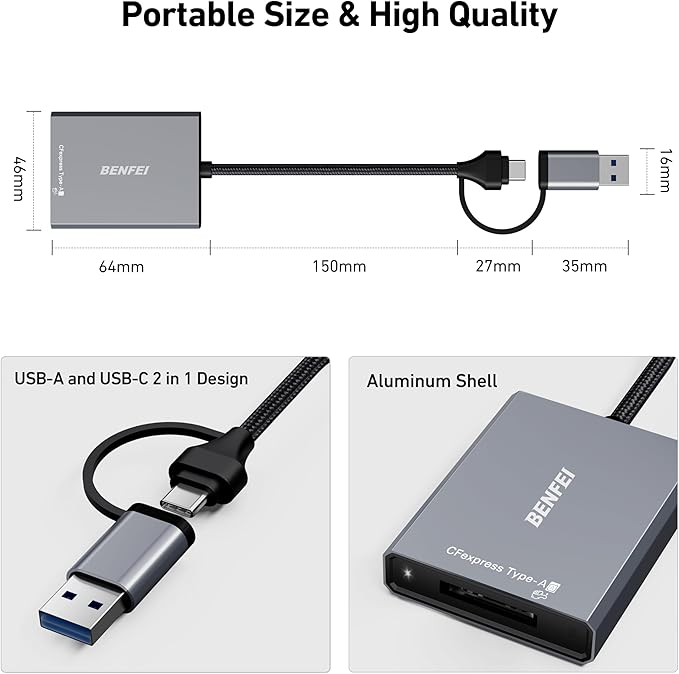 BENFEI CFexpress Type A Card Reader with USB 3.2 (Gen 2) 10Gbps, USB-C&USB-A 2-in-1 Type A CFexpress Adapter, Compatible with Windows/Mac/Linux/Android