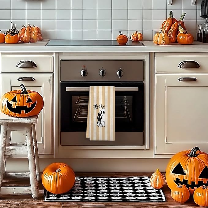 Halloween Black Cat Kitchen Towels, Cat Lover Mom Lady Gifts Dish Tea Towels for Kitchen Decor, Orange Striped Halloween Ghost Decorative Hand Towel for Bathroom, 16x24 Inches