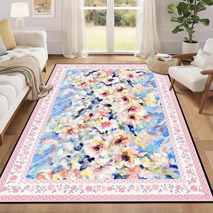 Floral Oil Painting Area Rug Watercolor Flower Print Rugs for Entryway Bedroom Living Room Nursery Kitchen Playroom Home Decor Washable Low Pile Floor Mat Carpet,4'x6'