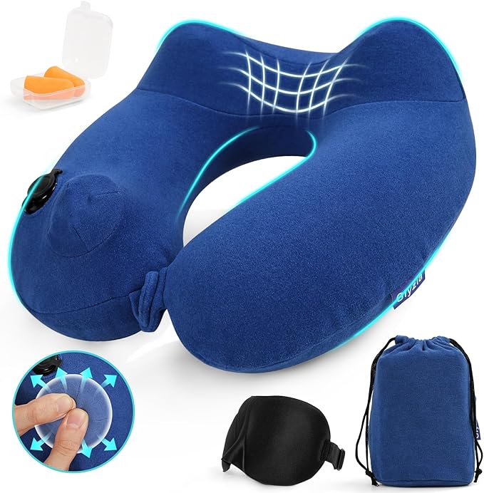 Inflatable Travel Neck Pillow for Airplane, Head Support Velvet Adult Neck Pillow for Long Flight, Kit with Eye Mask, Earplugs and Storage Bag,1, Navy Blue