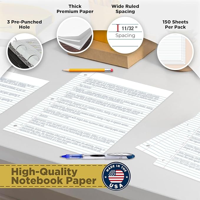 Woodlake Loose Leaf Paper, Wide Ruled Notebook Paper, 8 x 10.5”, 150 Sheets per Pack, 3 Pack Bulk Lined Filler Paper, 3 Hole Punched, 60gsm, Made in USA