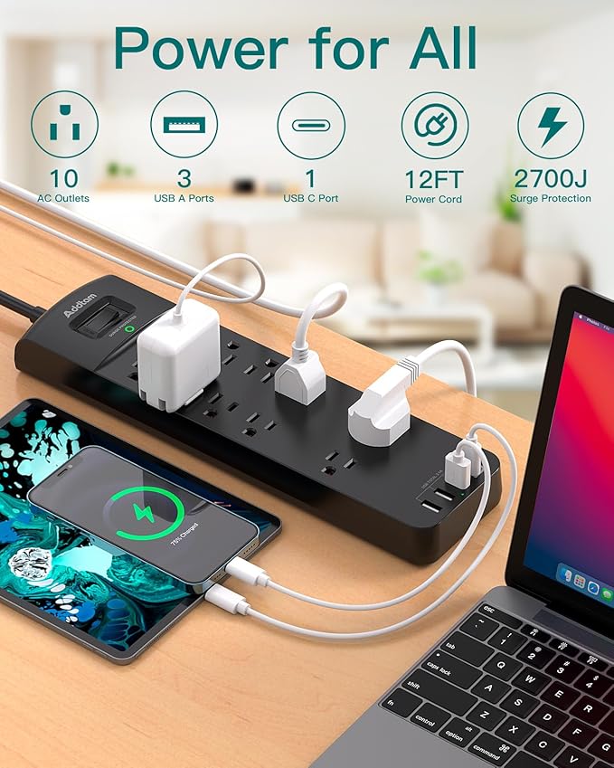 12FT Long Power Strip Surge Protector, Addtam Surge Protector with 10 Outlets and 4 USB Ports, Extension Cord with Flat Plug, 2700 Joules, ETL Listed, Black
