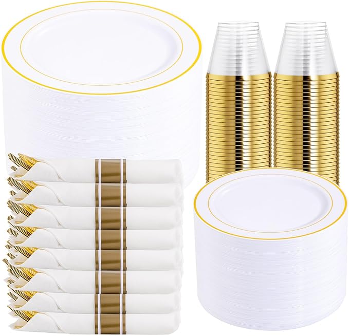 DaYammi 350PCS Gold Plastic Dinnerware Set for 50 Guests, Thanksgiving Plates Disposable, Include: 50 Dinner Plates, 50 Dessert Plates, 50 Pre Rolled Napkins with Gold Silverware, 50 Cups