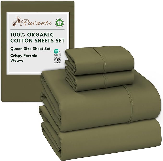 RUVANTI 100% Organic Cotton Sheets Queen Size, Percale Weave, GOTS Certified, 4-Piece Set, Deep Pocket 15", Crisp & Breathable, Soft Durable Bedding, Sábanas Algodón Orgánico – Olive