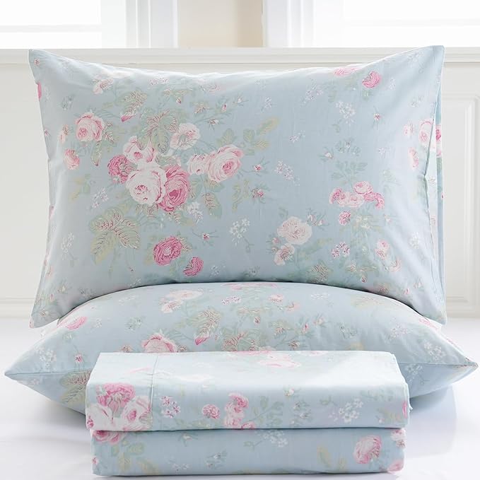Zusbest Blue Floral Sheets Set Queen Size 100% Cotton Pink Flowers Bed Sheet Shabby Vintage Chic Bedding Romantic Pastoral Style Original Design Soft Luxury Deep Pocket Fitted Sheet 17.5'', 4 Pcs