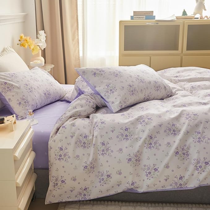 LifeTB Purple Flower Duvet Cover Full 100% Cotton Girls Floral Comforter Cover Vintage Style Botanical Flower Boho Floral Cottagecore Comforter Cover with 2 Pillowcases