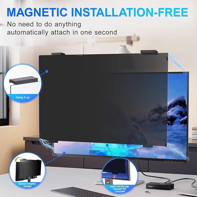 GUDTEKE Magnetic 23.8 Inch Privacy Screen for Computer Monitor 16:9 Aspect Ratio, Hanging Removable Anti-Blue/Glare Protector Film, Anti Spy Desktop Security Private Filter 23.8in