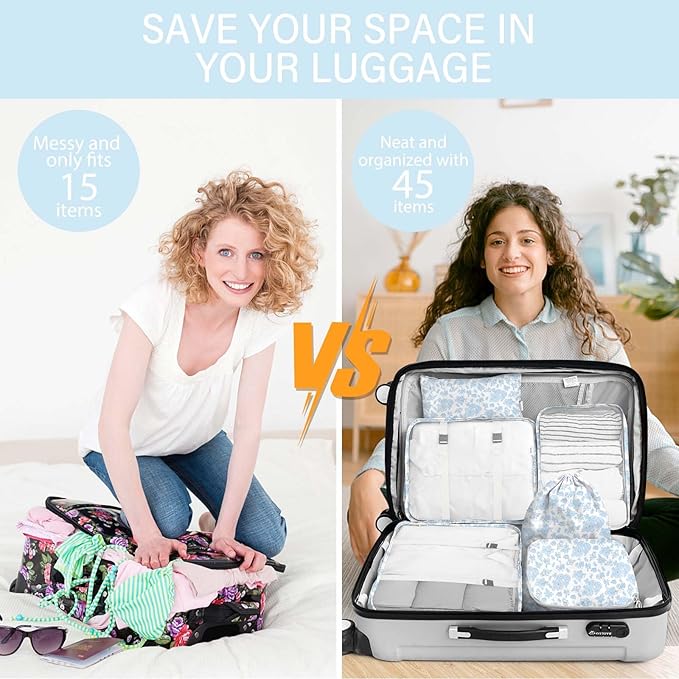 8 Set Packing Cubes for Travel, Luggage Packing Organizers Accessories Large Toiletries Bag for Clothes Shoes Cosmetics (Blue Flower)